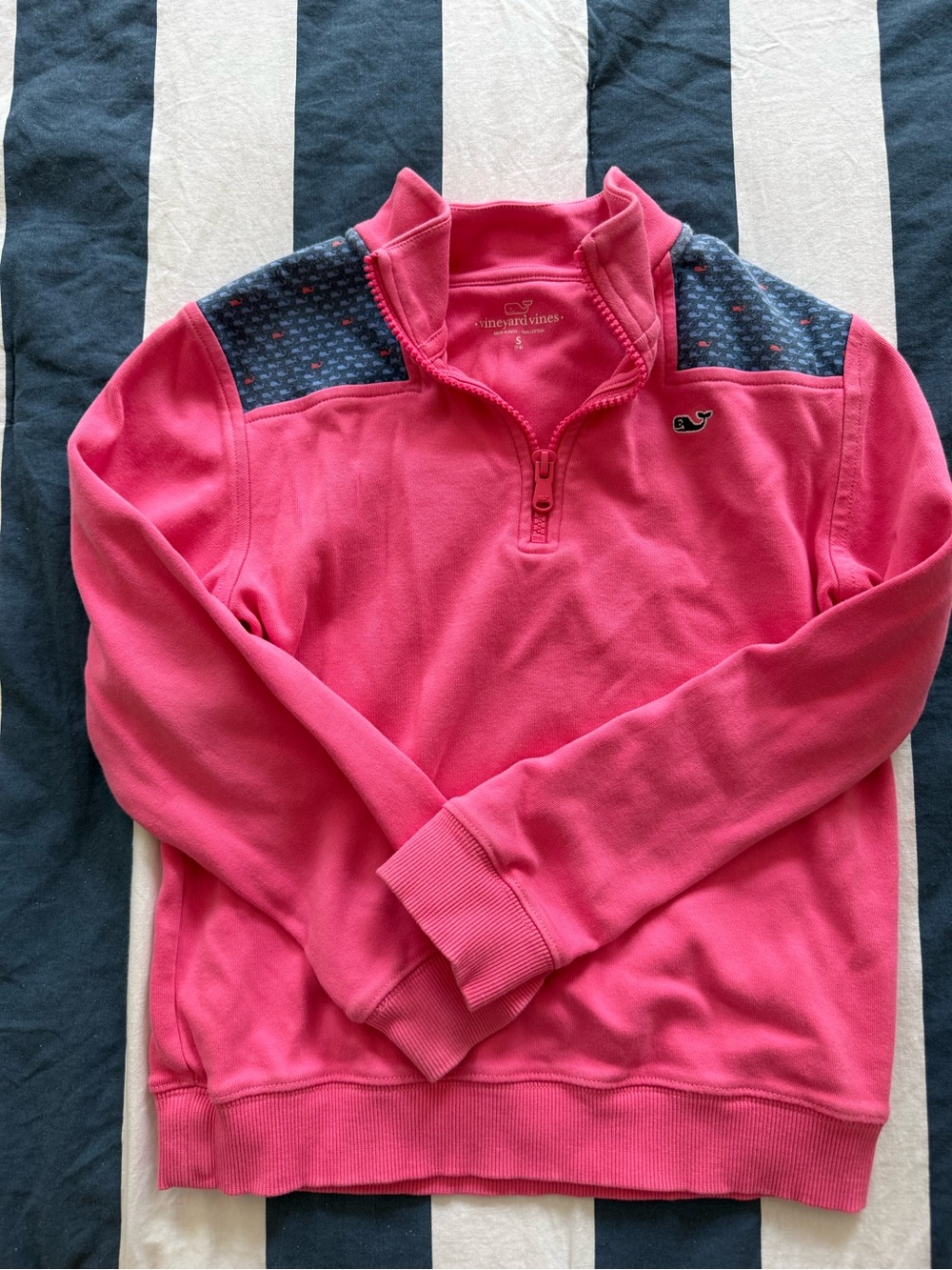 Vineyard Vines Hot Pink Quarter-Zip with Navy Patterned Shoulders